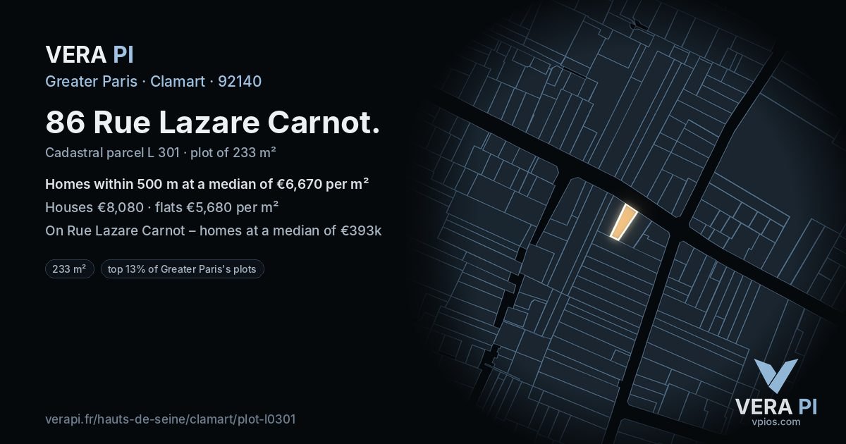 86 Rue Lazare Carnot, Clamart at night – the plot lit, the parcels around coloured by the prices near them