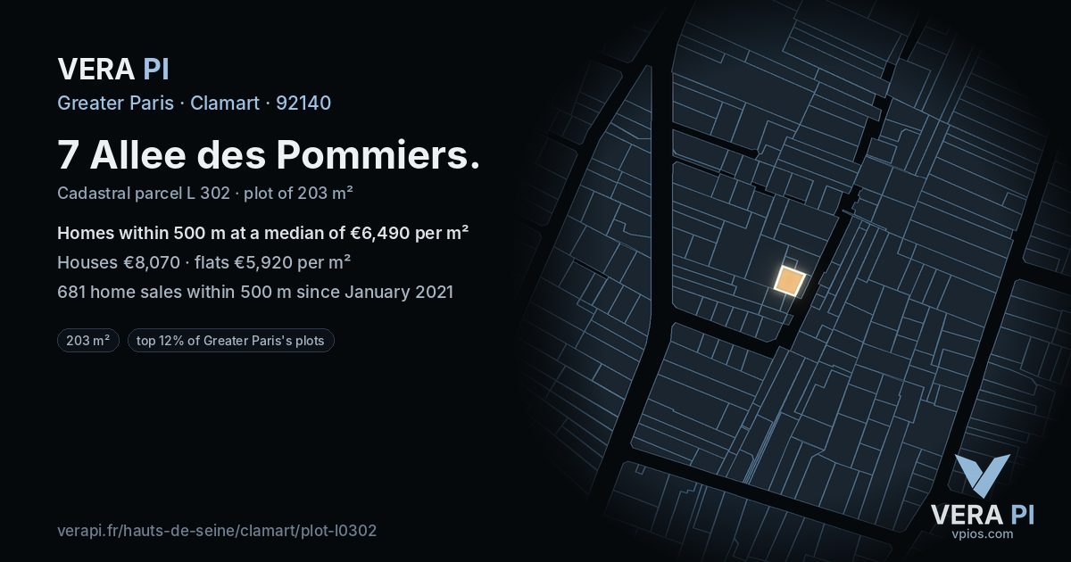 7 Allee des Pommiers, Clamart at night – the plot lit, the parcels around coloured by the prices near them