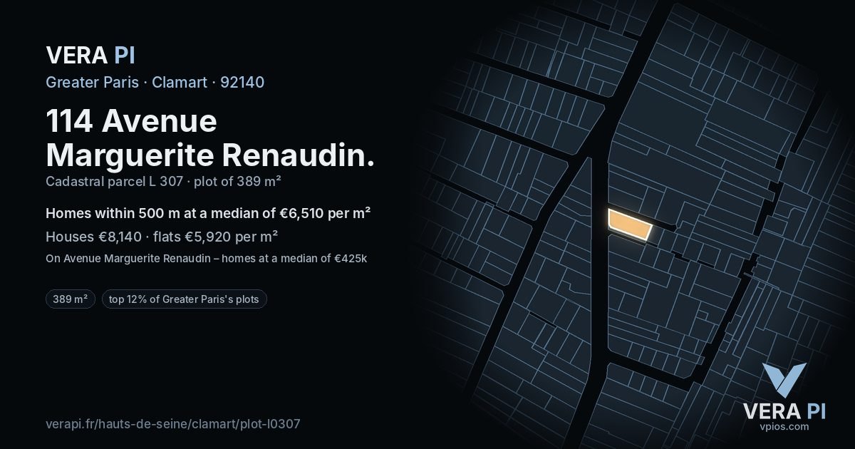 114 Avenue Marguerite Renaudin, Clamart at night – the plot lit, the parcels around coloured by the prices near them