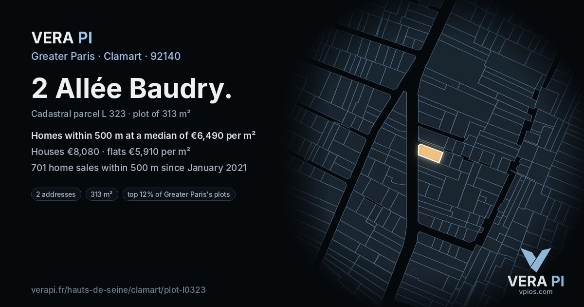 2 Allée Baudry, Clamart at night – the plot lit, the parcels around coloured by the prices near them