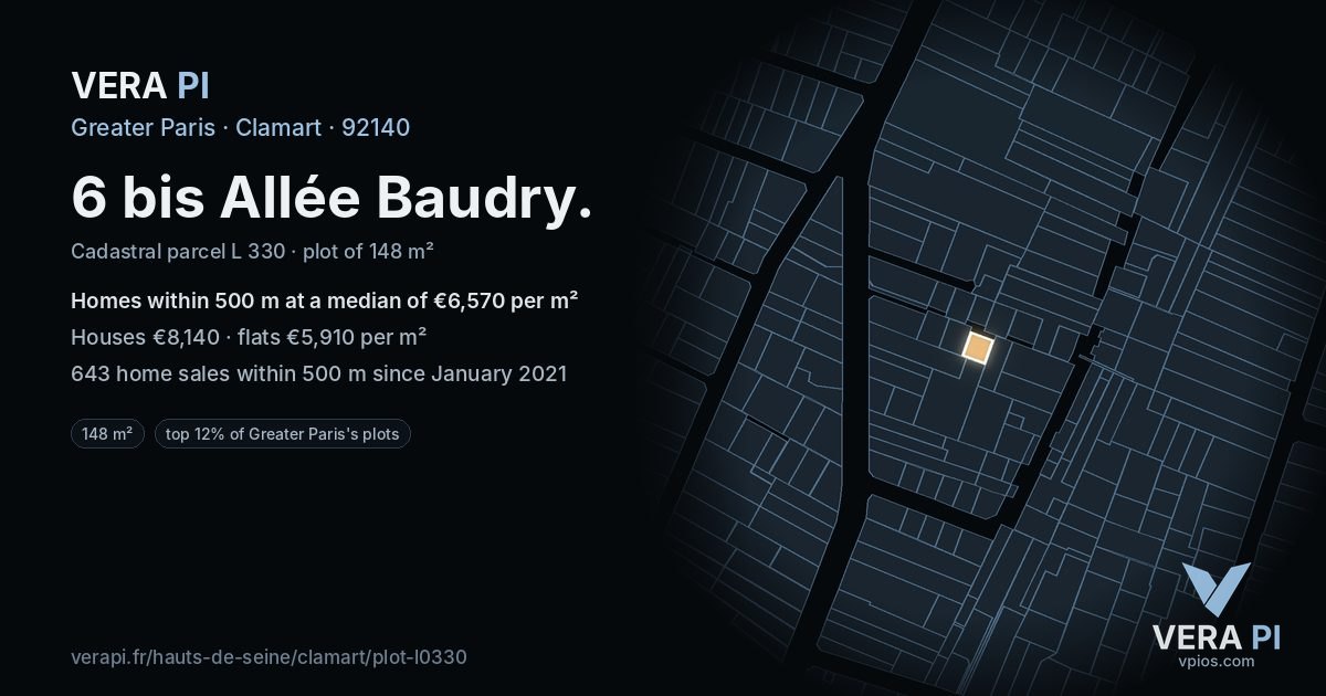 6 bis Allée Baudry, Clamart at night – the plot lit, the parcels around coloured by the prices near them