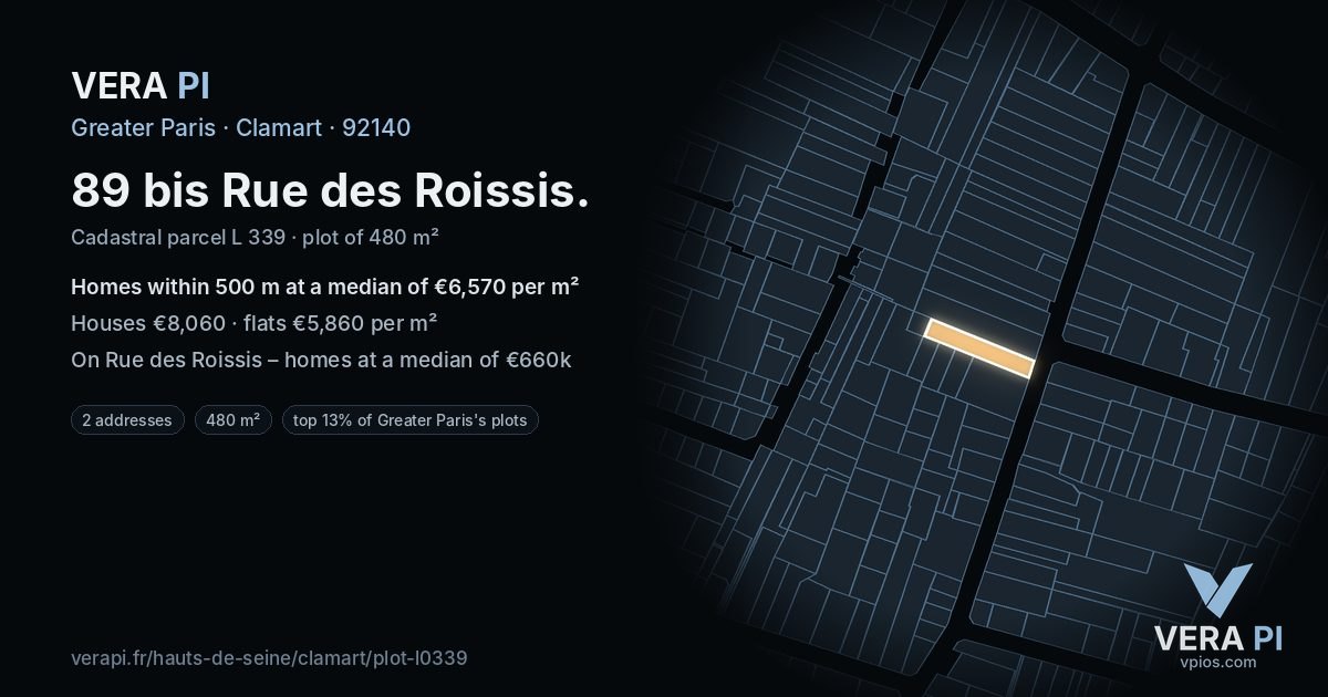 89 bis Rue des Roissis, Clamart at night – the plot lit, the parcels around coloured by the prices near them