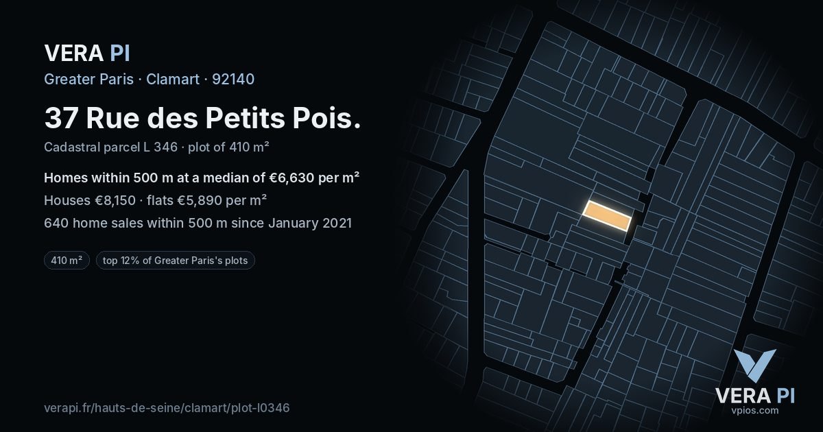 37 Rue des Petits Pois, Clamart at night – the plot lit, the parcels around coloured by the prices near them