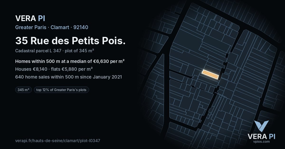 35 Rue des Petits Pois, Clamart at night – the plot lit, the parcels around coloured by the prices near them