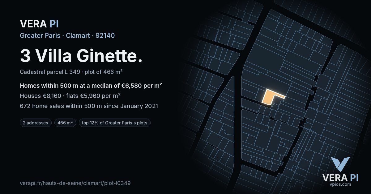 3 Villa Ginette, Clamart at night – the plot lit, the parcels around coloured by the prices near them