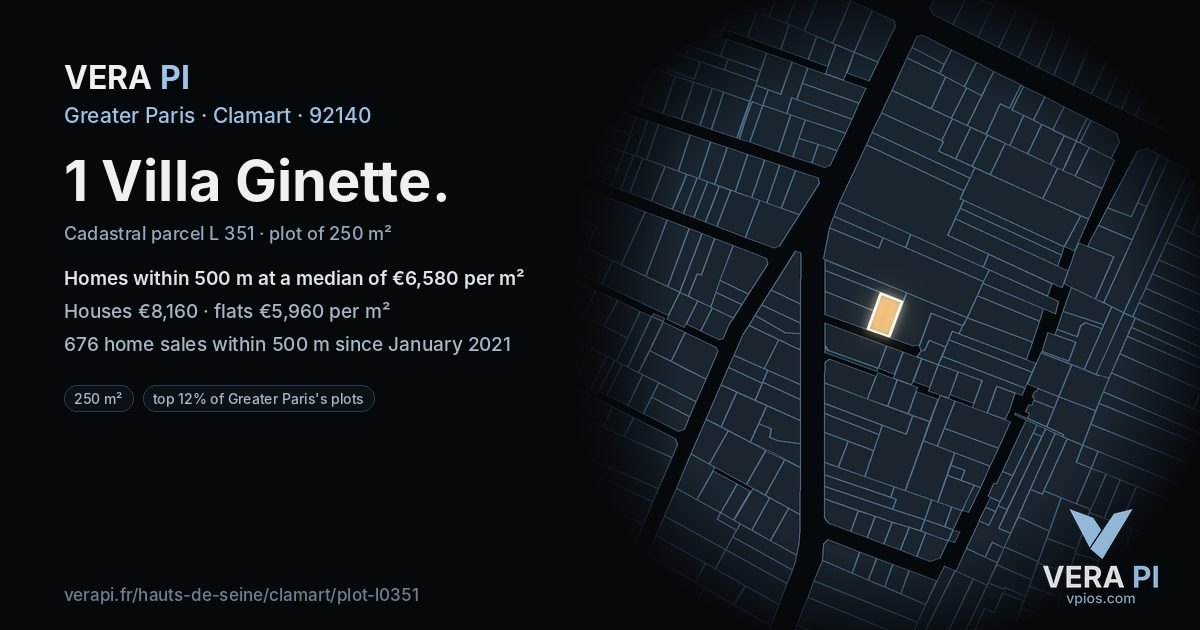 1 Villa Ginette, Clamart at night – the plot lit, the parcels around coloured by the prices near them