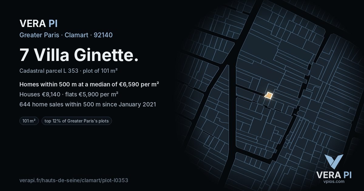 7 Villa Ginette, Clamart at night – the plot lit, the parcels around coloured by the prices near them