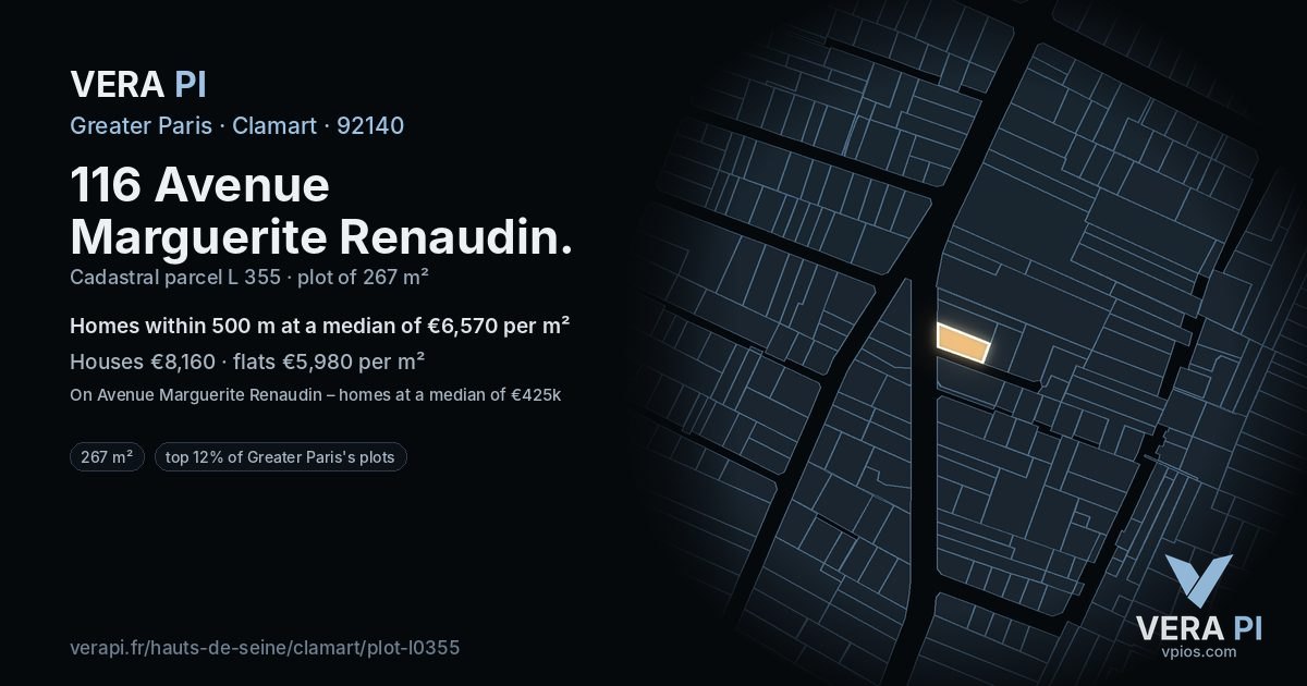 116 Avenue Marguerite Renaudin, Clamart at night – the plot lit, the parcels around coloured by the prices near them