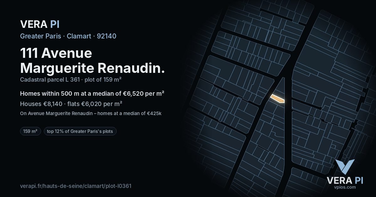 111 Avenue Marguerite Renaudin, Clamart at night – the plot lit, the parcels around coloured by the prices near them
