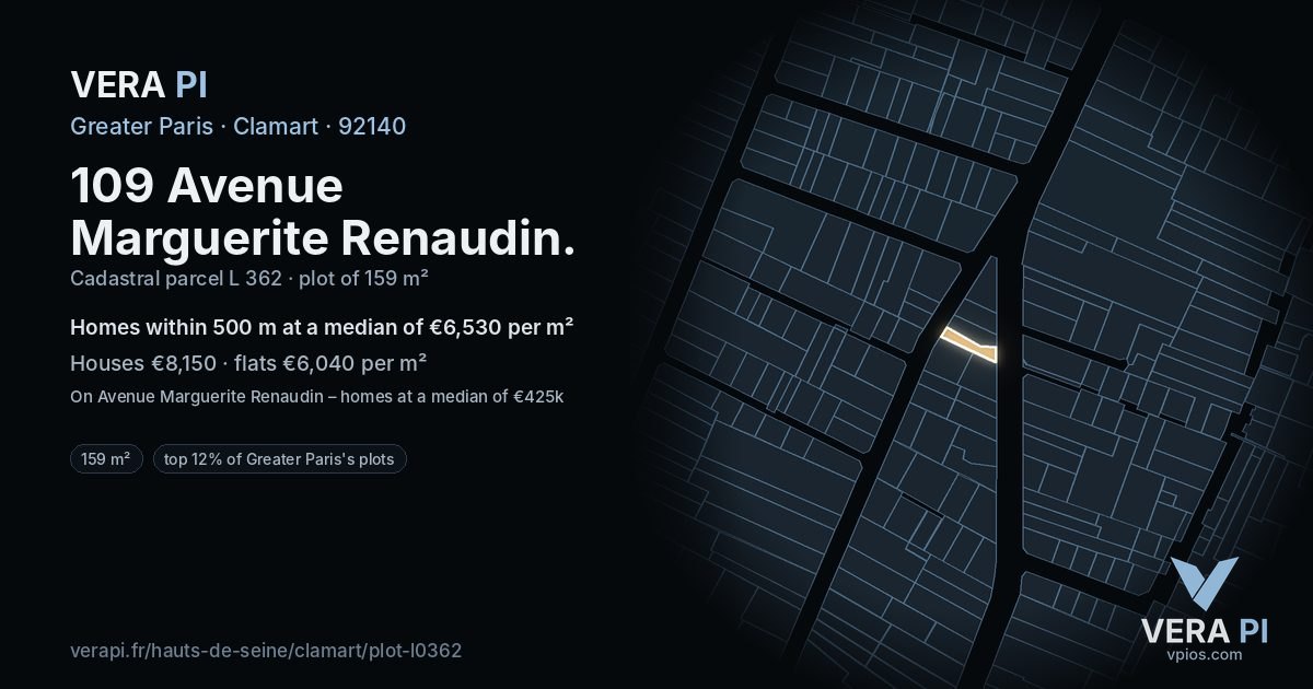 109 Avenue Marguerite Renaudin, Clamart at night – the plot lit, the parcels around coloured by the prices near them