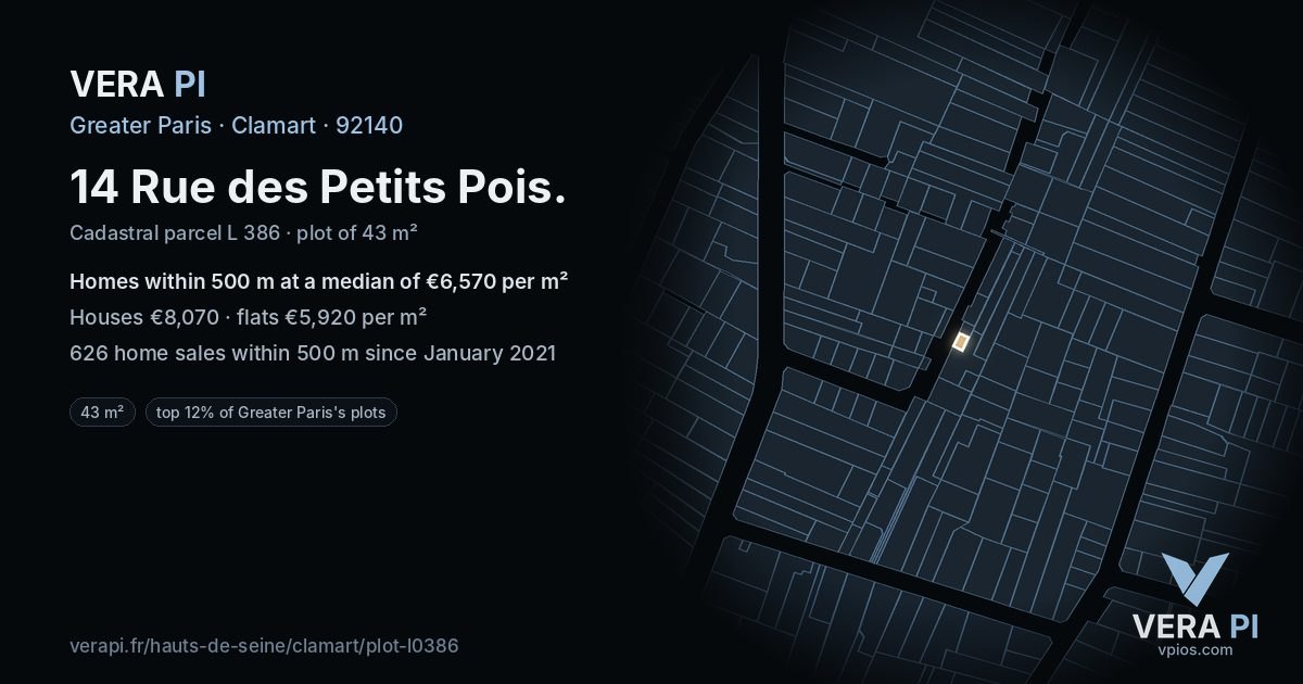14 Rue des Petits Pois, Clamart at night – the plot lit, the parcels around coloured by the prices near them