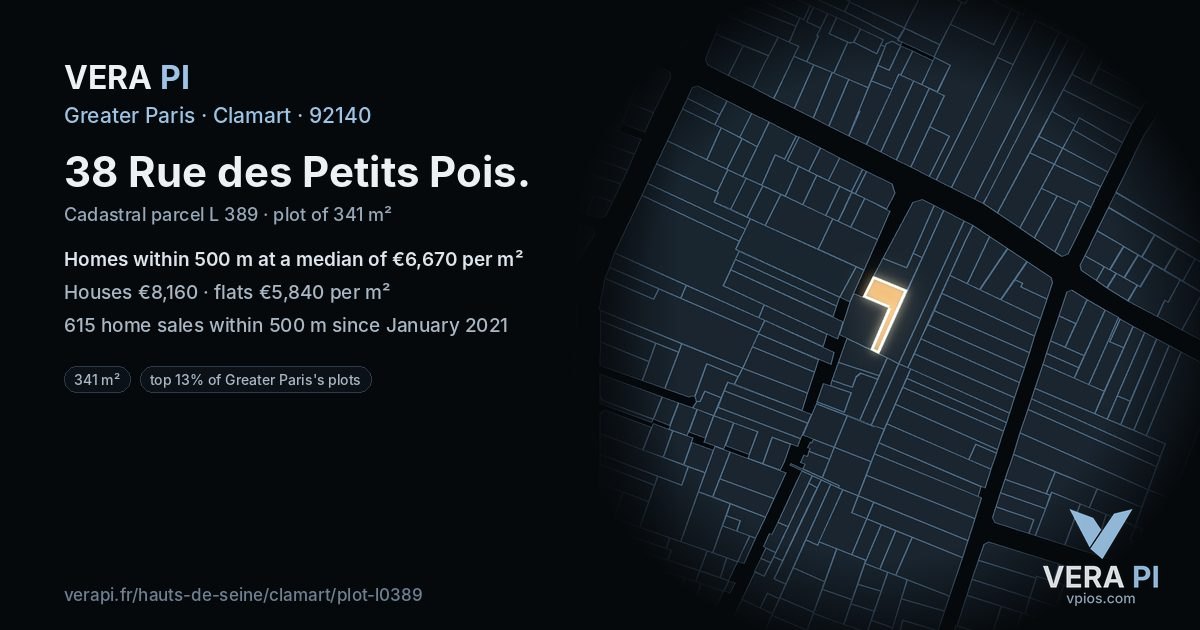 38 Rue des Petits Pois, Clamart at night – the plot lit, the parcels around coloured by the prices near them