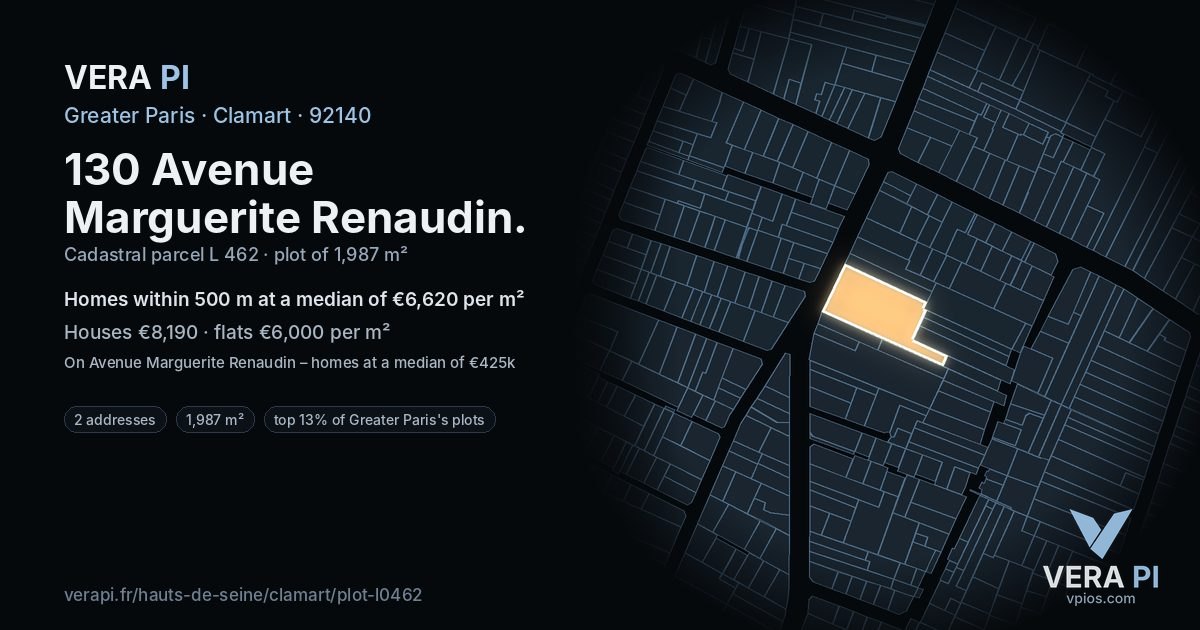 130 Avenue Marguerite Renaudin, Clamart at night – the plot lit, the parcels around coloured by the prices near them