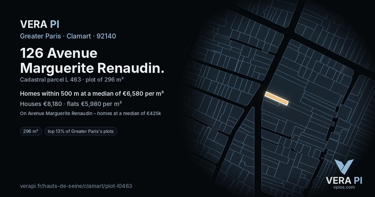 126 Avenue Marguerite Renaudin, Clamart at night – the plot lit, the parcels around coloured by the prices near them