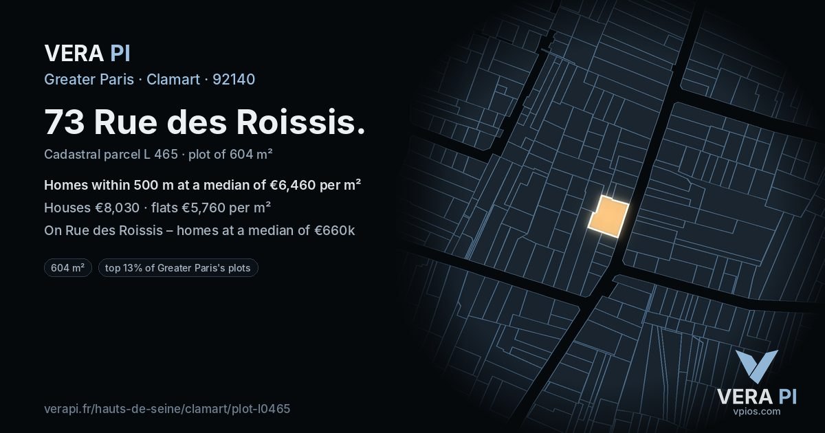 73 Rue des Roissis, Clamart at night – the plot lit, the parcels around coloured by the prices near them