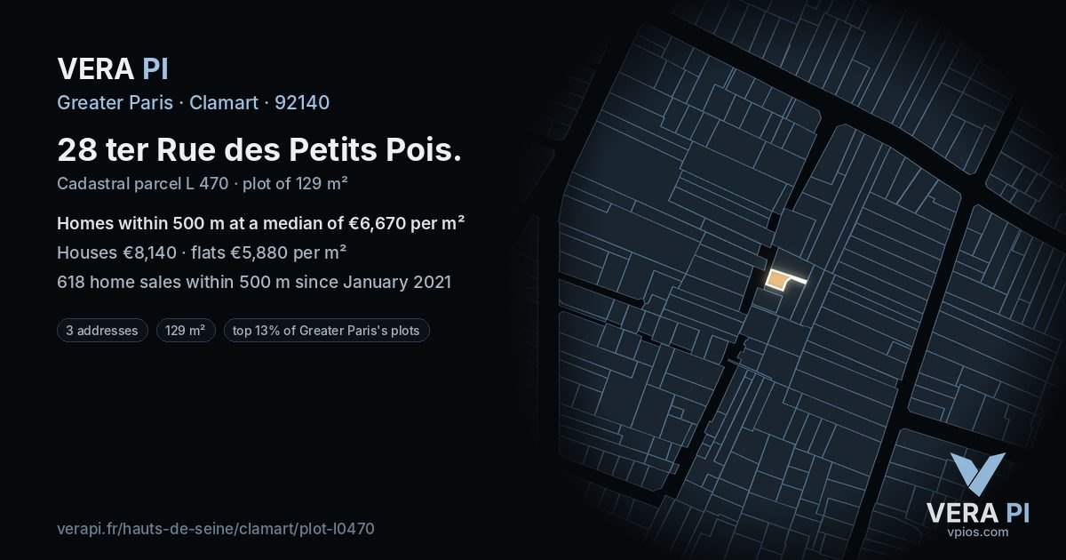 28 ter Rue des Petits Pois, Clamart at night – the plot lit, the parcels around coloured by the prices near them