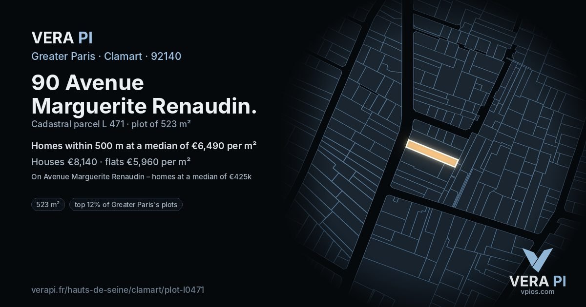 90 Avenue Marguerite Renaudin, Clamart at night – the plot lit, the parcels around coloured by the prices near them