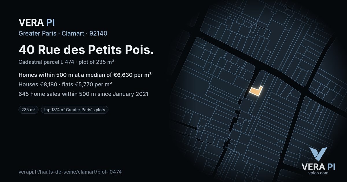 40 Rue des Petits Pois, Clamart at night – the plot lit, the parcels around coloured by the prices near them