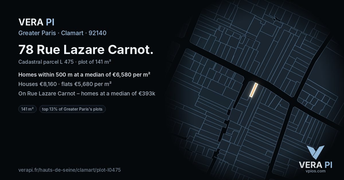 78 Rue Lazare Carnot, Clamart at night – the plot lit, the parcels around coloured by the prices near them