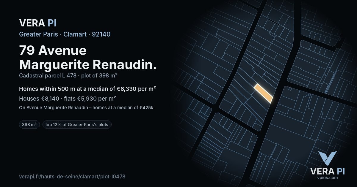79 Avenue Marguerite Renaudin, Clamart at night – the plot lit, the parcels around coloured by the prices near them