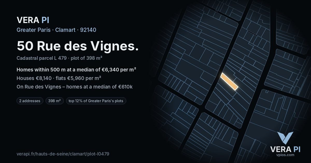 50 Rue des Vignes, Clamart at night – the plot lit, the parcels around coloured by the prices near them