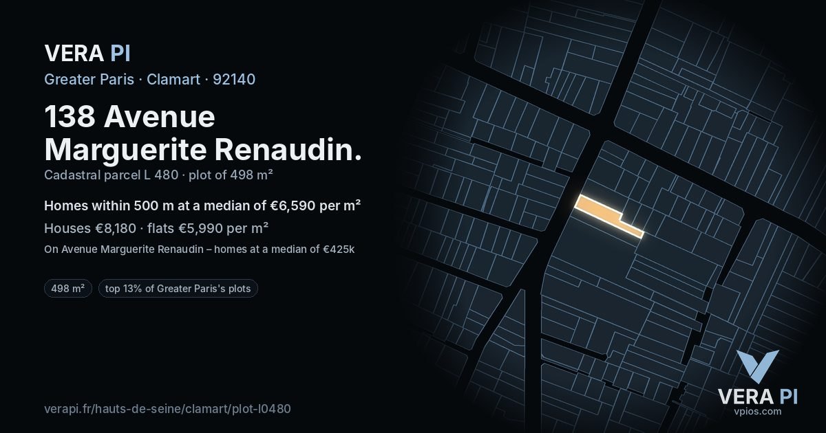 138 Avenue Marguerite Renaudin, Clamart at night – the plot lit, the parcels around coloured by the prices near them