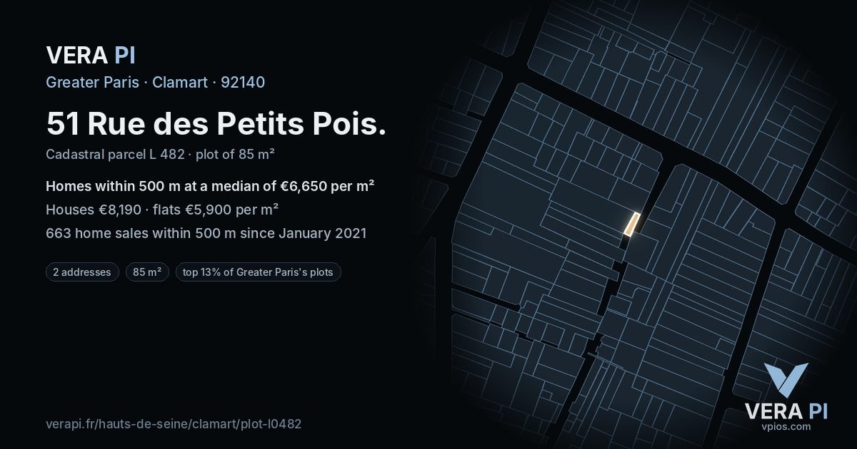 51 Rue des Petits Pois, Clamart at night – the plot lit, the parcels around coloured by the prices near them