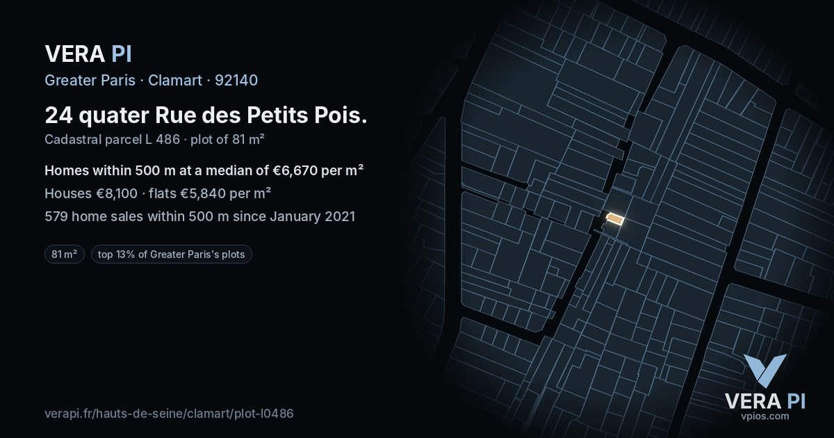 24 quater Rue des Petits Pois, Clamart at night – the plot lit, the parcels around coloured by the prices near them