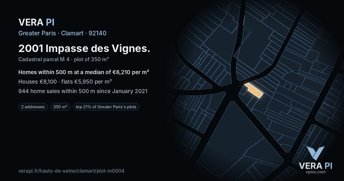 2001 Impasse des Vignes, Clamart at night – the plot lit, the parcels around coloured by the prices near them