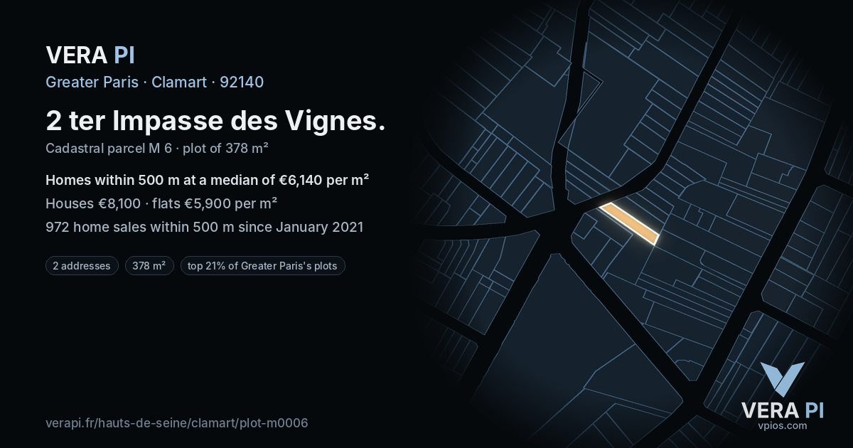 2 ter Impasse des Vignes, Clamart at night – the plot lit, the parcels around coloured by the prices near them