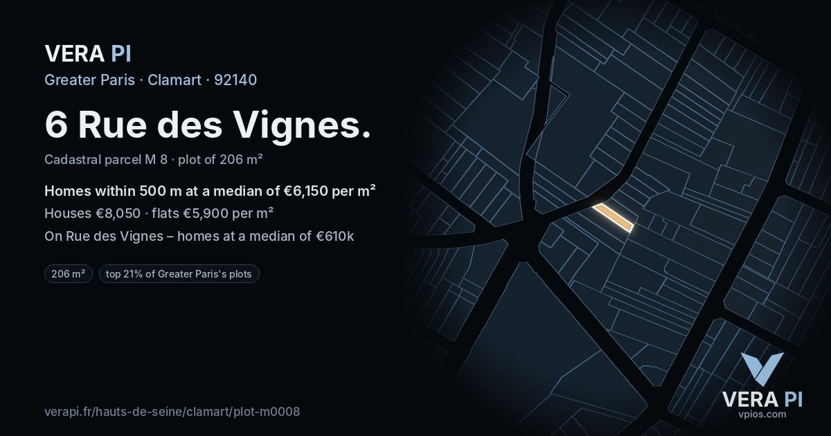 6 Rue des Vignes, Clamart at night – the plot lit, the parcels around coloured by the prices near them