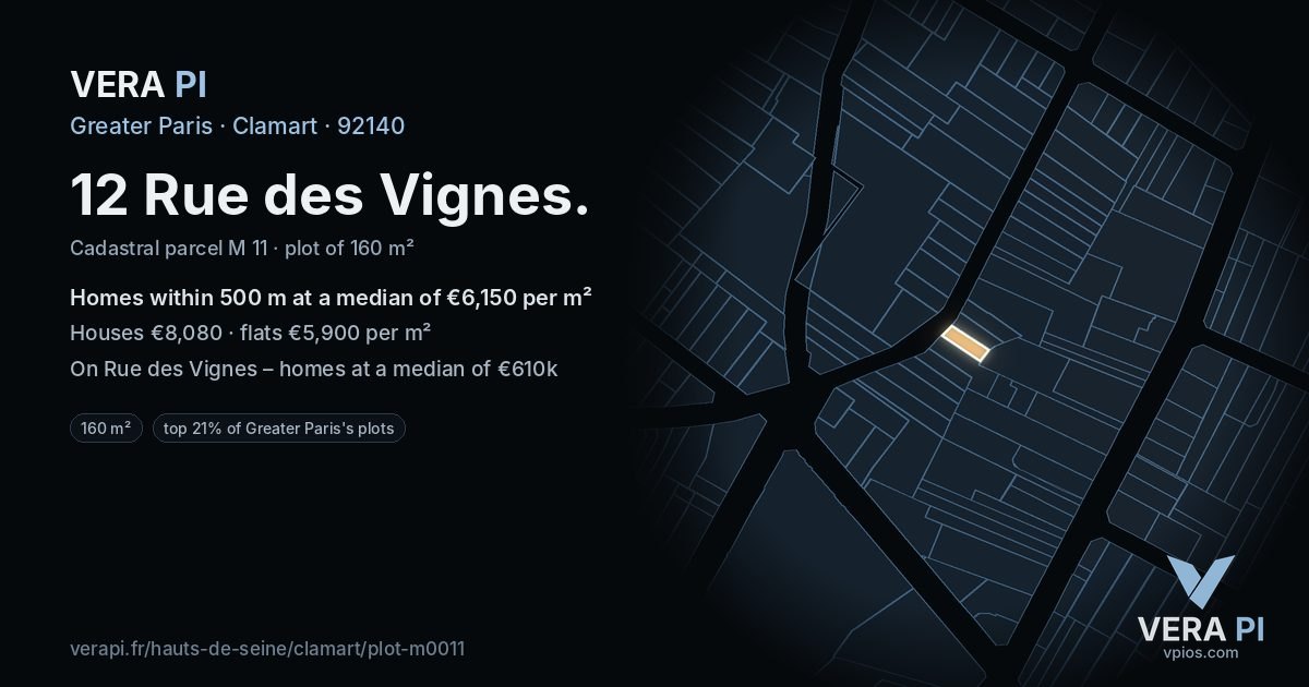 12 Rue des Vignes, Clamart at night – the plot lit, the parcels around coloured by the prices near them