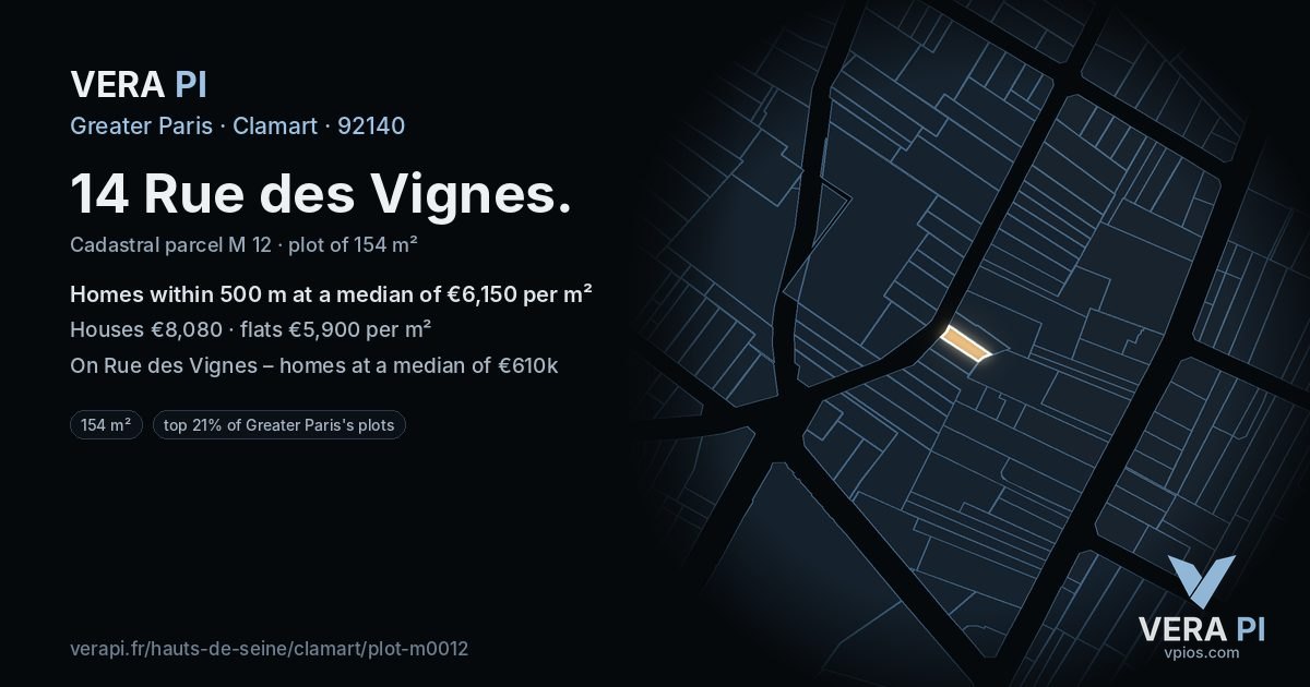 14 Rue des Vignes, Clamart at night – the plot lit, the parcels around coloured by the prices near them