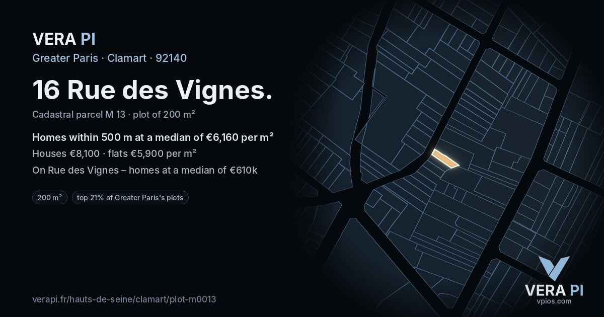16 Rue des Vignes, Clamart at night – the plot lit, the parcels around coloured by the prices near them