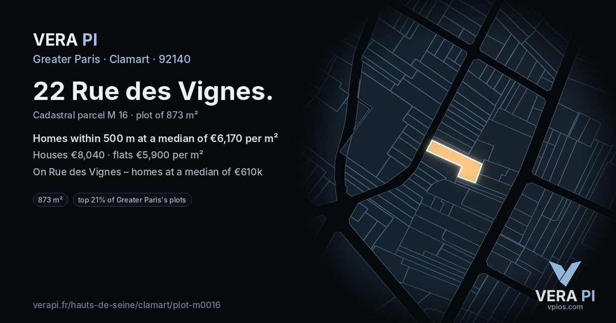 22 Rue des Vignes, Clamart at night – the plot lit, the parcels around coloured by the prices near them