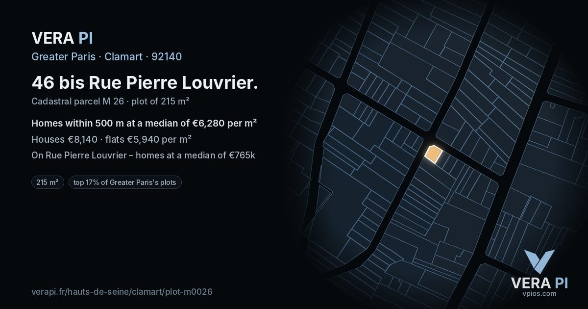 46 bis Rue Pierre Louvrier, Clamart at night – the plot lit, the parcels around coloured by the prices near them