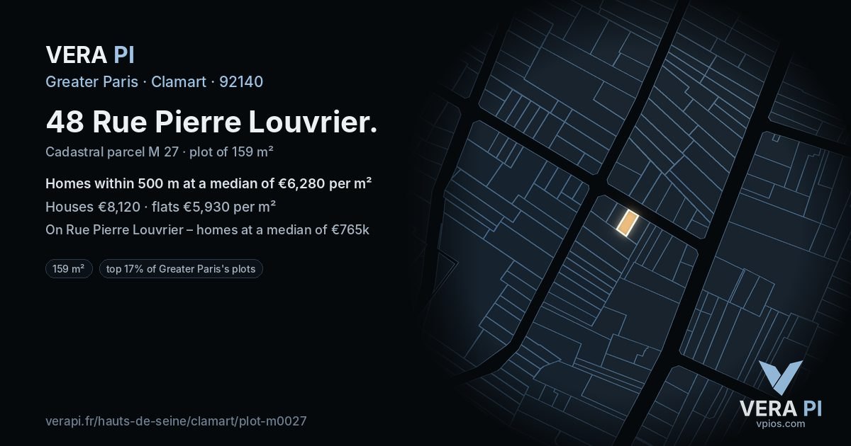 48 Rue Pierre Louvrier, Clamart at night – the plot lit, the parcels around coloured by the prices near them