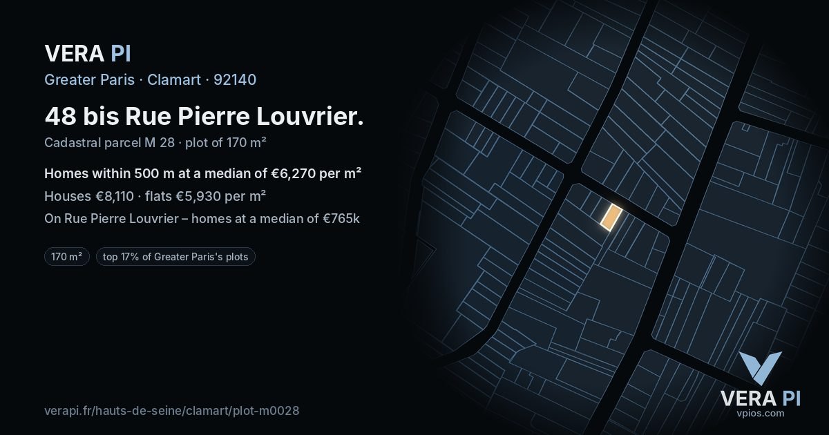 48 bis Rue Pierre Louvrier, Clamart at night – the plot lit, the parcels around coloured by the prices near them