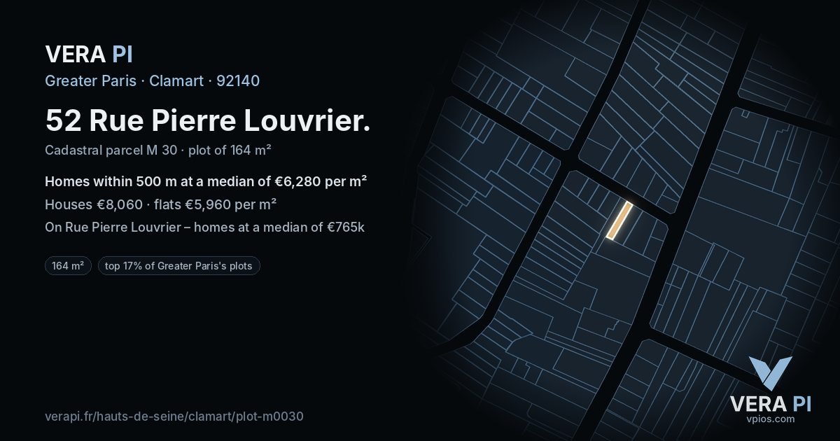 52 Rue Pierre Louvrier, Clamart at night – the plot lit, the parcels around coloured by the prices near them
