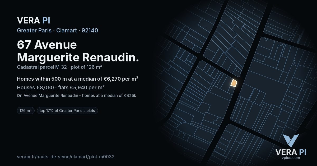 67 Avenue Marguerite Renaudin, Clamart at night – the plot lit, the parcels around coloured by the prices near them