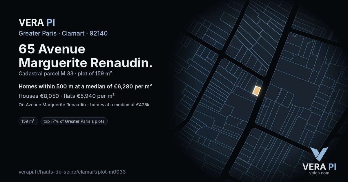 65 Avenue Marguerite Renaudin, Clamart at night – the plot lit, the parcels around coloured by the prices near them