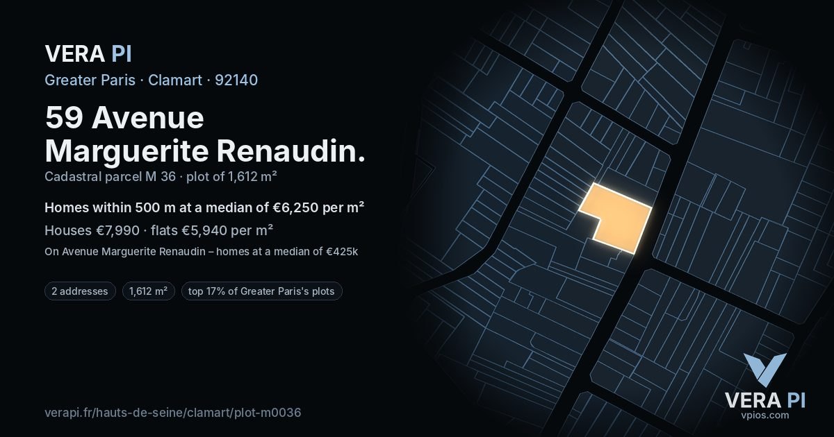 59 Avenue Marguerite Renaudin, Clamart at night – the plot lit, the parcels around coloured by the prices near them