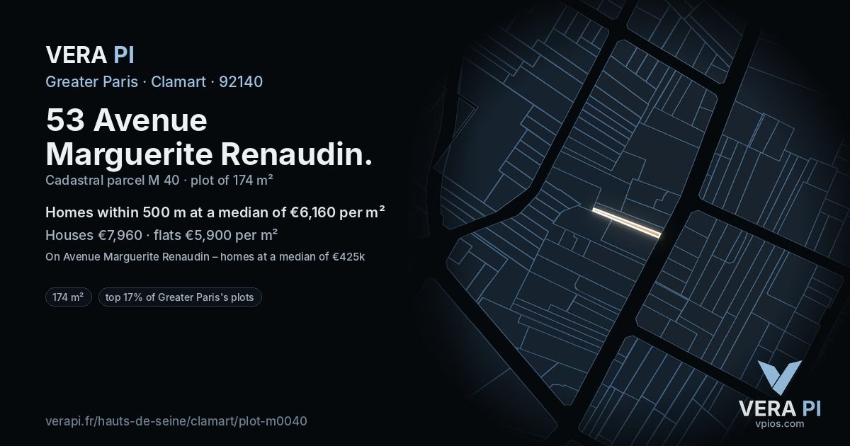 53 Avenue Marguerite Renaudin, Clamart at night – the plot lit, the parcels around coloured by the prices near them