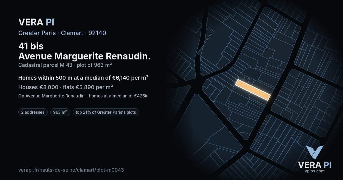 41 bis Avenue Marguerite Renaudin, Clamart at night – the plot lit, the parcels around coloured by the prices near them