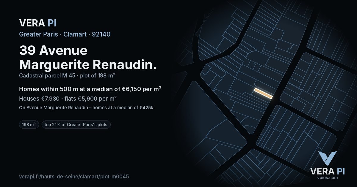 39 Avenue Marguerite Renaudin, Clamart at night – the plot lit, the parcels around coloured by the prices near them