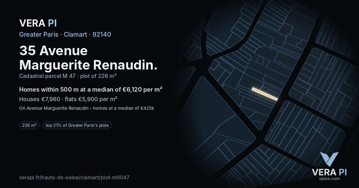 35 Avenue Marguerite Renaudin, Clamart at night – the plot lit, the parcels around coloured by the prices near them