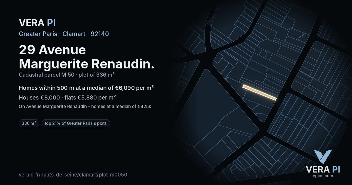 29 Avenue Marguerite Renaudin, Clamart at night – the plot lit, the parcels around coloured by the prices near them