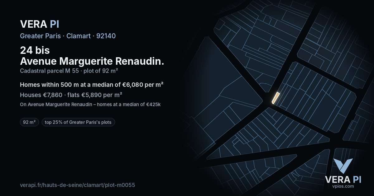 24 bis Avenue Marguerite Renaudin, Clamart at night – the plot lit, the parcels around coloured by the prices near them