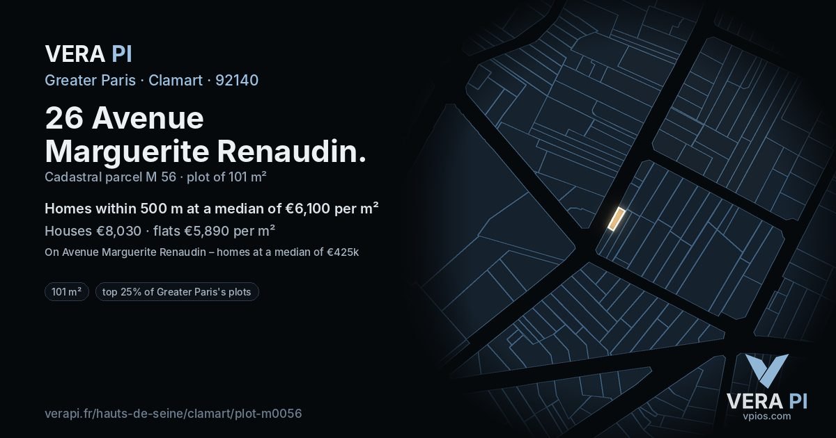 26 Avenue Marguerite Renaudin, Clamart at night – the plot lit, the parcels around coloured by the prices near them