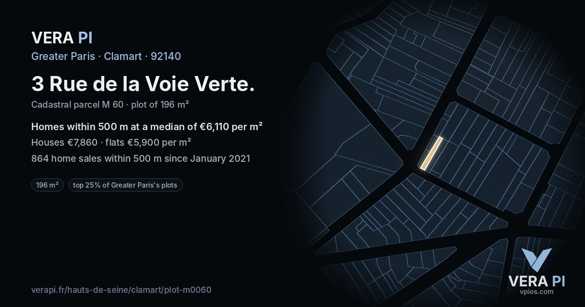 3 Rue de la Voie Verte, Clamart at night – the plot lit, the parcels around coloured by the prices near them